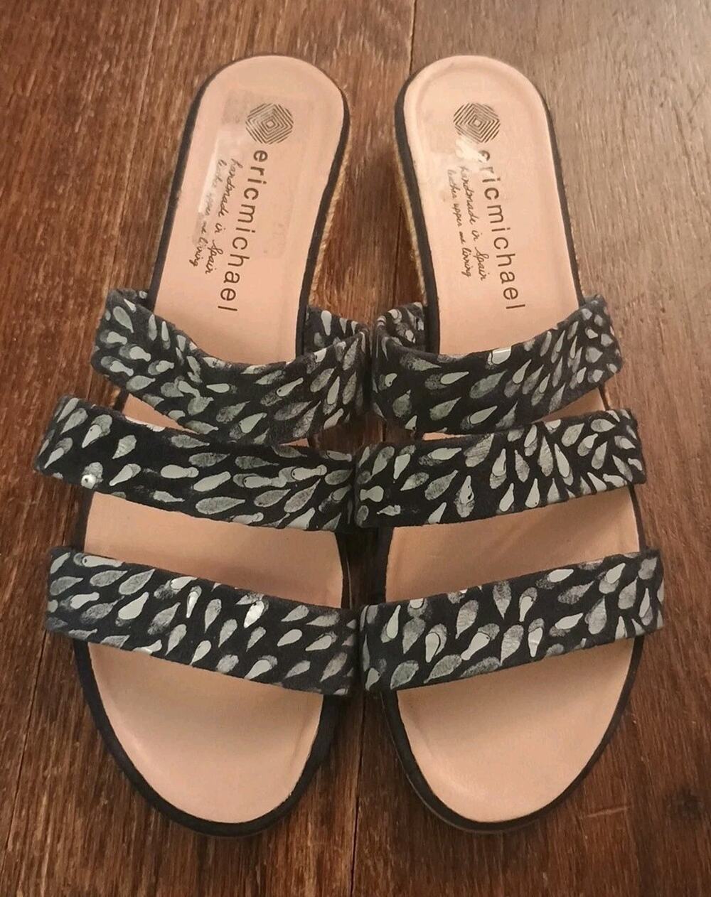 Eric Michael Demi Three Strap Slide Leather Navy Sliver abstract Sandals sz 10